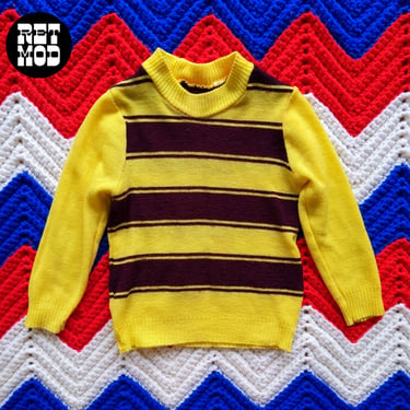 KIDS SIZE - Cute Vintage 60s 70s Bright Yellow Brown Stripe Soft Sweater 