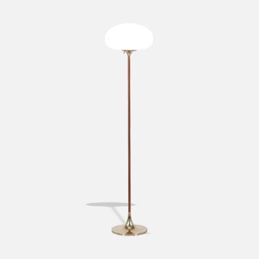 Mid-Century Modern \u201cMushroom\u201d Brass & Teak Stem Floor Lamp by Laurel