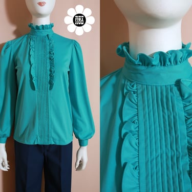 Sweet Vintage 60s 70s Turquoise Blue-Green Ruffle Collar Long Sleeve Blouse 