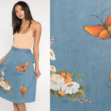 Denim Wrap Skirt 70s Hand Painted Butterfly Floral Skirt High Waisted Blue Jean Midi Boho 1970s Hippie Vintage Bohemian Small Medium xs 