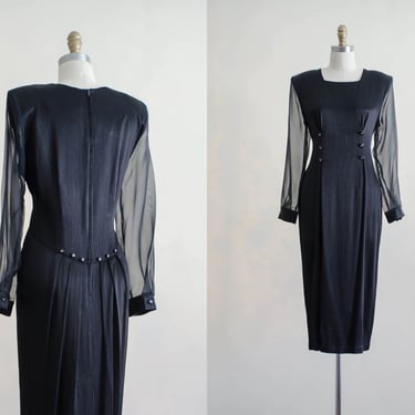 90s silky black dress | sheer sleeve vintage cocktail party wiggle dress 