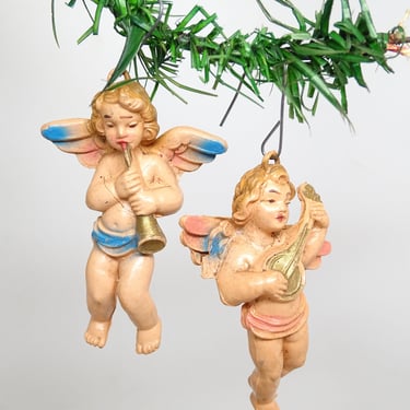 2 Vintage 1950's Italian Angel Cherub Putti Christmas Ornaments, Retro Italy Putz 