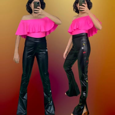 Faux Leather Branded Flared Pants 
