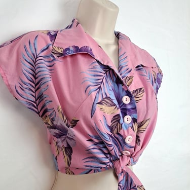 Vintage 90s Pink & Purple Tropical Crop Top, Size Extra Small 