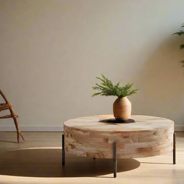 Rayburn Solid Mango Wood 38&quot; Round Drum Coffee Table in Natural FFW258-579