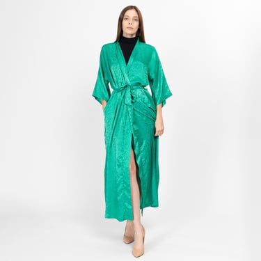 Large 80s Jade Green Snakeskin Jacquard Satin Robe | Vintage Boho Loungewear Belted Maxi Kimono 