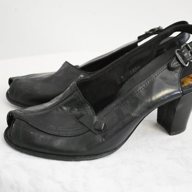 1940s Black Leather Peep Toe Heels, Size 6B 