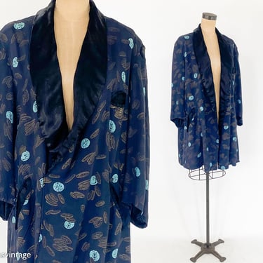 1940s Navy Silk Smoking Jacket | 40s Blue & Gold Smoking Jacket | Rabhor | XL 