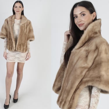 60s Honey Mink Stole, Vintage Brown Wedding Cape, Bridal Bolero With Pockets, Fur Under Collar MOTB Shrug 