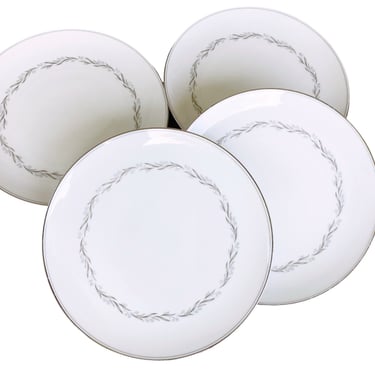 4 Vintage Noritake Almont white china dinner plates. Elegant porcelain dinnerware with platinum rims, classic 1960s minimalist decor. 