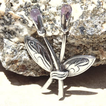Serafin Moctezuma Taxco Sterling Silver and Amethyst Floral Brooch 