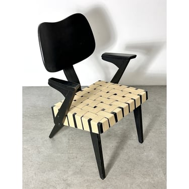 Vintage Mid Century Modern Russel Spanner Black Wood Frame Webbed Lounge Chair 1950s 
