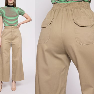 70s Khaki High Waisted Flared Pants - Small | Vintage Bell Bottoms Retro Elastic Waist Cargo Trousers 