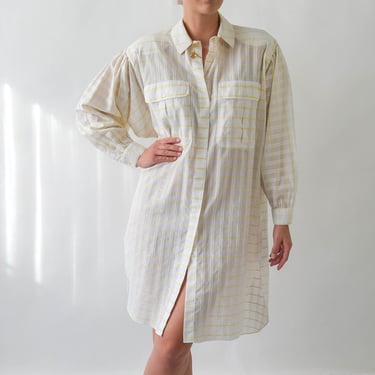 Vintage 80s Crisp White Cotton Dress Shirt w/ Yellow Plaid | Vintage Long Sleeve Semi Sheer Shirt Dress | 1980s Cotton Duster Dress Shirt 