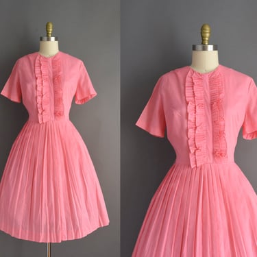 1950s dress | Beautiful Pink Cotton Full Skirt Shirt Dress | Large | 50s vintage dress 