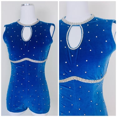 1960s Vintage Royal Blue Velvet Rhinestone Romper / 60s Showgirl / Bombshell Cut Out Neck Playsuit / Size XS -Small 