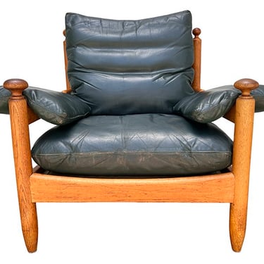 Dutch oak and green leather arm chair