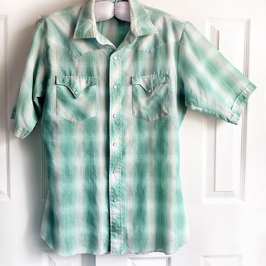60's Vintage Green Plaid MENS Western Button Down Shirt by Miller Snaps 1960s 