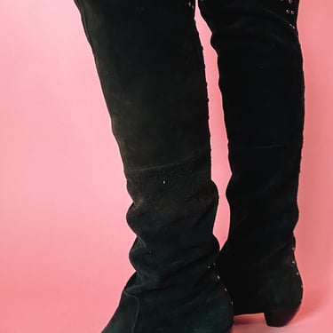Vintage Black Suede Studded Boots, sz. 7