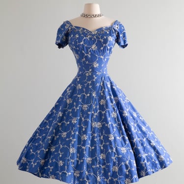 Stunning 1950's Perullo Embroidered Blue Party Dress / M