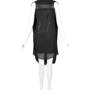 John Richmond Vintage Black Sheer Silk Beaded Dragon Mini Dress with Attached Scarf Cape