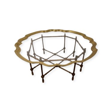 Baker Brass Scalloped Glass and Faux Bamboo Small Coffee Table