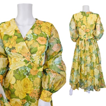 1970's Yellow Chiffon Floral Print Bridesmaid Maxi Dress I Sz Med 