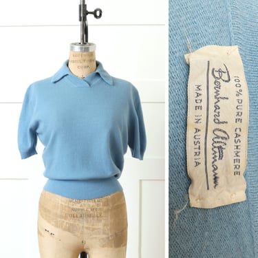 vintage 1950s cashmere sweater • baby blue short sleeve pinup sweater size medium 