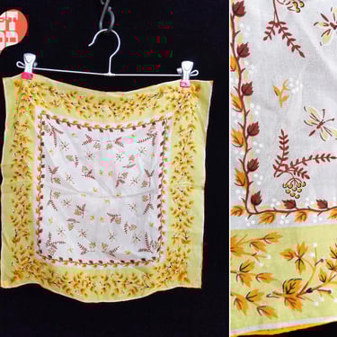 Lovely Vintage 50s Light Yellow Orange & Brown Floral and Dragonflies Patterned Square Silk Scarf 