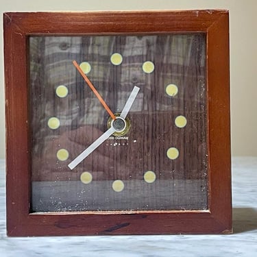 Vintage Todd Oldham for La-Z-Boy Square Tabletop Clock | Natural Cherry Finish | Yellow Dot Numbers 