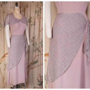 1940s Dress - Vintage 40s Blush Lavender Evening Dress with Lace Sleeves and Peplum Drape 