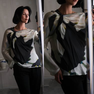 GIORGIO ARMANI Collezioni Abstract Dye Print Ruche Draped Silk Blouse | Made in Italy | 100% Silk | Y2k 2000s ARMANI Designer Silk Blouse 