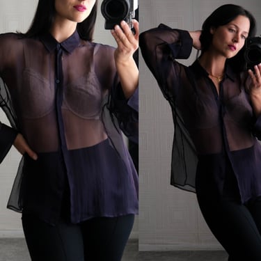 JIL SANDER Deep Navy Blue Iridescent Sheer Silk Button Up Blouse | Made in Italy | 100% Silk | Y2K Designer Minimalist Sheer Silk Shirt 
