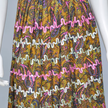 1960s 70s paisley print maxi skirt with sequins XS 