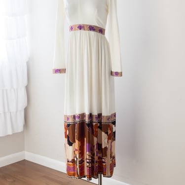 Size M, 1970s Cream Psychedelic Print Empire Waist Maxi Dress 