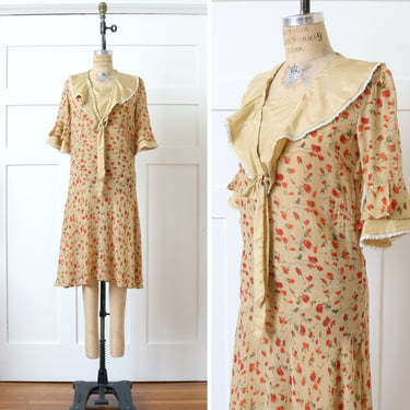 vintage 1920s floral chiffon dress • yellow & red roses drop waist dress with satin sailor collar 