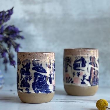 set of two ceramic cups, Matisse inspired dancing ladies, ceramic wine cup 