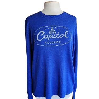 Vintage 70s Capital Records Sweater Blue Acrylic Broadway Knitting Mills LA 