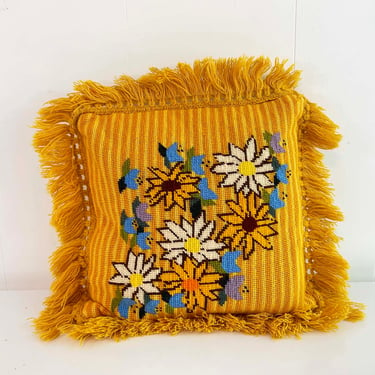 Vintage Needlepoint Floral Pillow Yellow Tan Square Accent Fringe Home Decor Throw Sofa Couch 1970s 