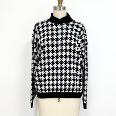 Vintage 80s Houndstooth Check Sweater | Pullover with Split Neck | Size Small to Medium 