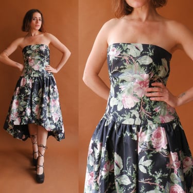Vintage 80s Dark Floral Strapless Dress/ 1980s Romantic High Low Full Skirt Gown/ Size Small 