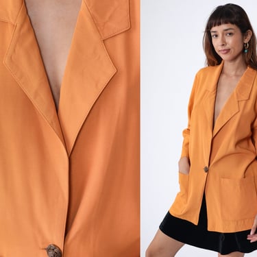 Orange Blazer 90s Button up Jacket Low Neck Deep V Simple Work Formal Office Professional Chic Plain Solid Pumpkin Vintage 1990s Medium M 