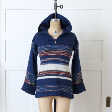 vintage 1970s boho hooded pullover sweater • earthy blue striped bell sleeve top by Organically Grown 