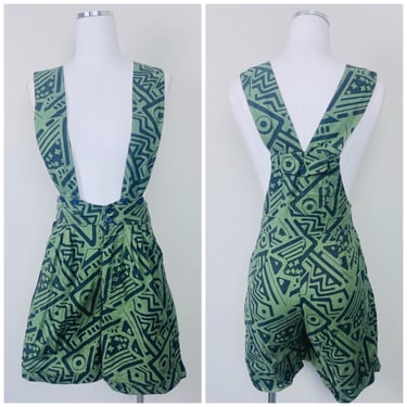 1980s Vintage G. Pellini Cotton Shortalls /  80s Green and Black Geometric / Southwestern Print Playsuit / Small 