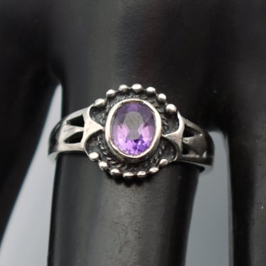 70's sterling amethyst size 7 mystic hippie ring, edgy tribal beaded 925 silver purple stone solitaire 