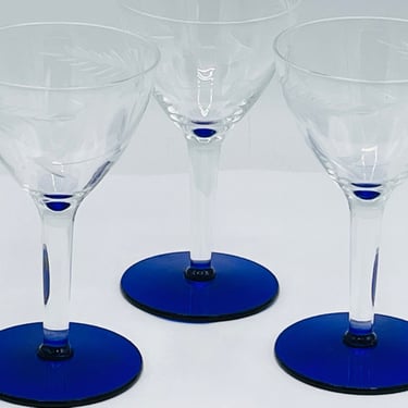 Vintage (3) Etched  Design Cobalt Blue Base Louie Weston Glass Co. Cordial Sherry Glasses  -Great Condition-1940's 