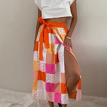 70s patchwork wrap skirt / vintage handmade orange pink cotton gingham floral patchwork quilt hostess maxi wrap skirt | 26-32 Waist Medium 