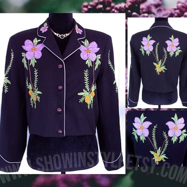 California Ranchwear Vintage Western Women's Black Jacket, Chain Stitched Lavender Embroidery, Tagged Small, Measures Med. (see meas. photo) 