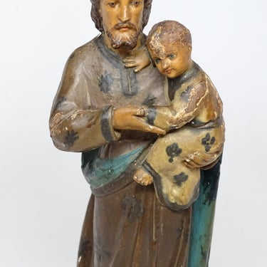 Antique 1800's Saint Joseph holding Christ Child Jesus, Hand Carved Polychrome Wood, Vintage Religious Statue, Original Paper Label 