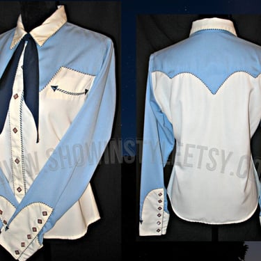 Panhandle Slim Vintage Retro Western Women's Shirt, Rodeo Queen Blouse, White & Baby Blue Yokes, Sleeves, Tag Size Large (see meas. photo) 